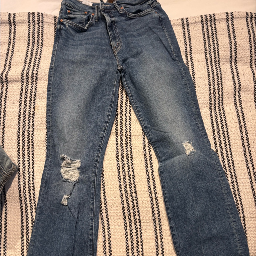 Mother Blue Straight Leg Jeans With Distressed Details